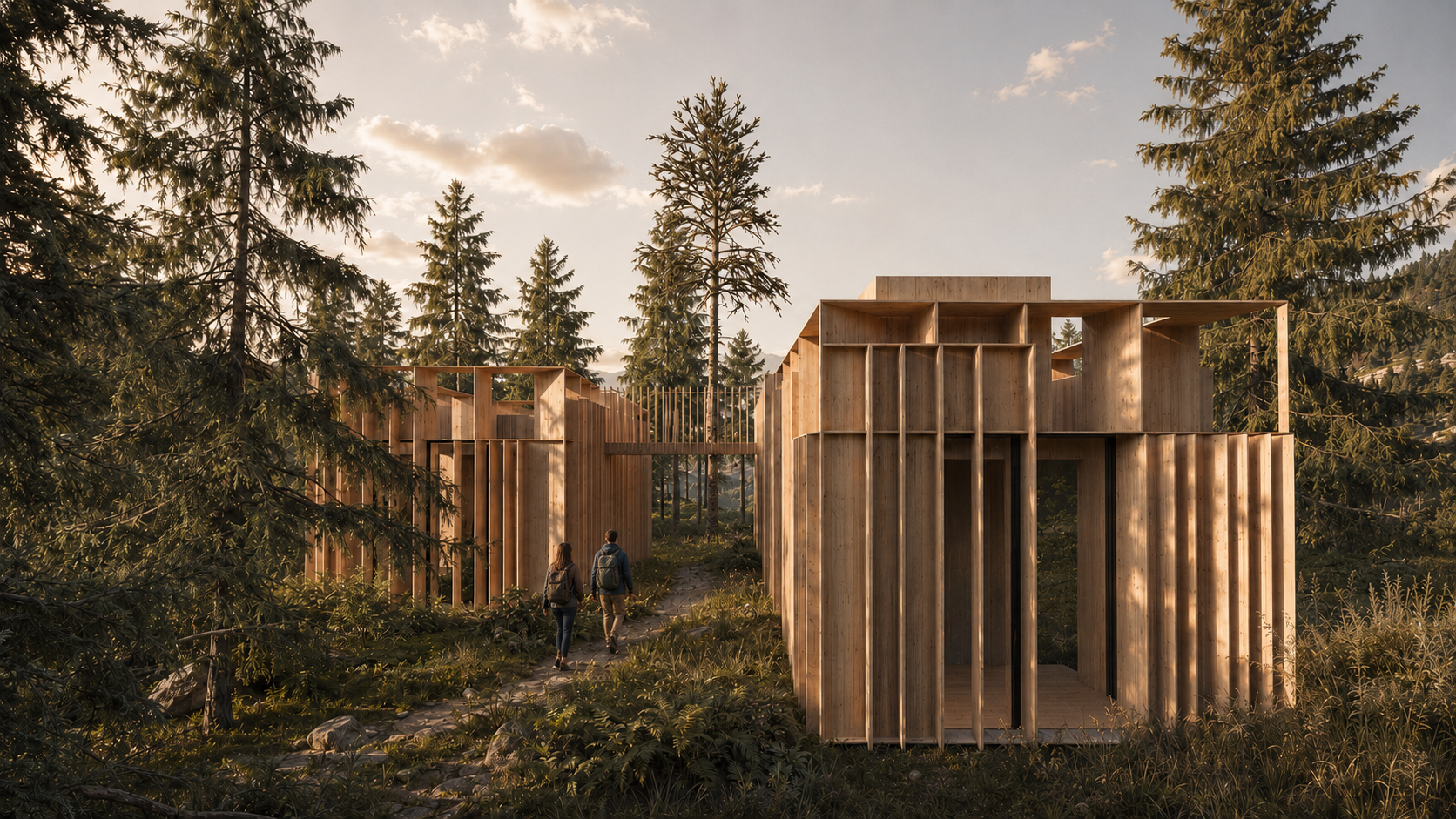THE PAUSE — closing view, timber refuge in the forest at dusk